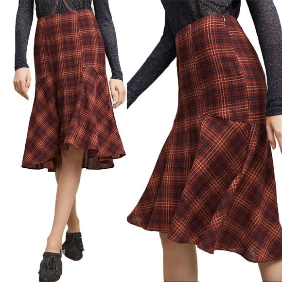 NWT Anthropologie Maeve Crimson Plaid Wool Flounce Hem Midi Skirt Women's 4 - Picture 1 of 12